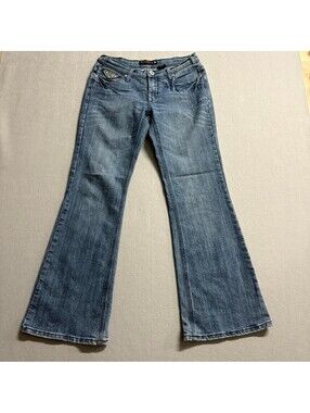 Vanilla Star Jeans Womens 9 Blue Denim Embellished Studded Flap Pocket Bootcut